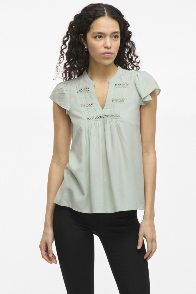 VIVISIA V-NECK C/S PLEATED TOP/TES 14106953 SILT GREEN